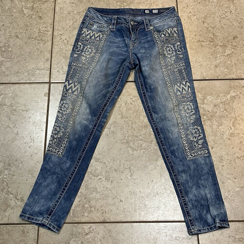 MISS‎ ME Signature Cuffed Skinny JP7669CK Embroidered Distressed Women Jeans 29